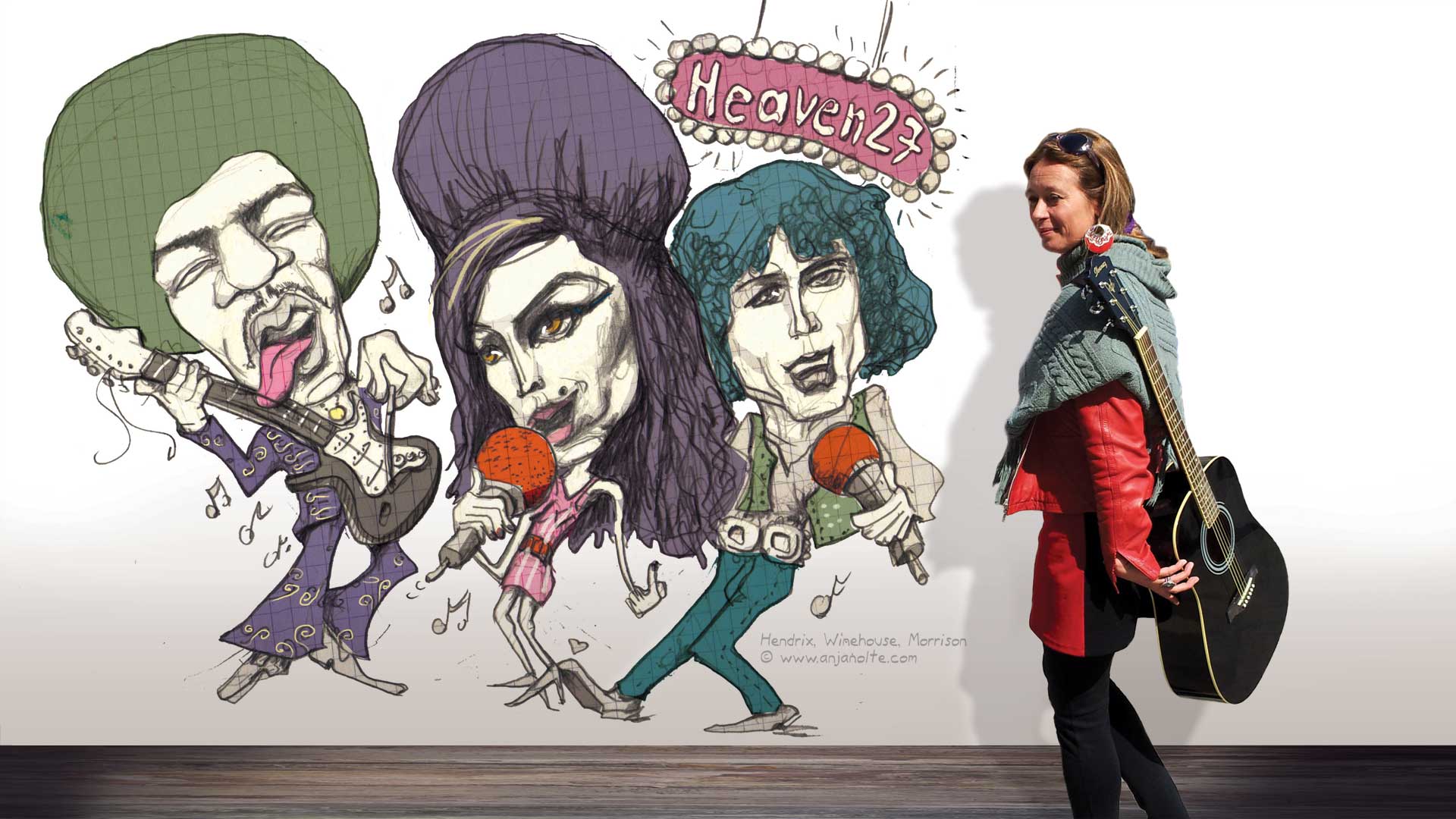 Foto Anja Nolte vor Karikatur Amy Winehouse Jim Hendrix Van Morrison © www.anjanolte.com