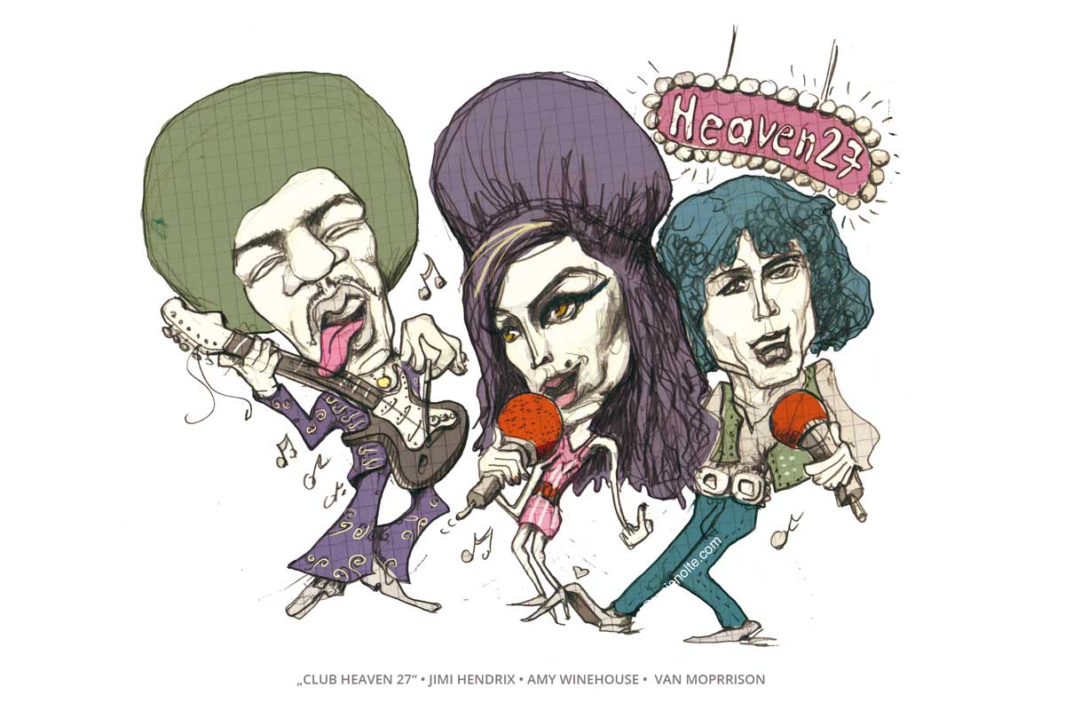 Hendrix, Amy Winehouse, van Morrison Karikatur Anja Nolte