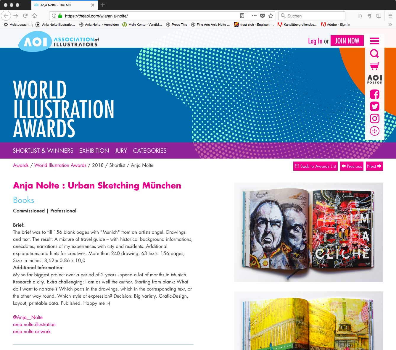 Nomination AOI World Illustrator Award 2018 Anja Nolte Book Urban Sketching München