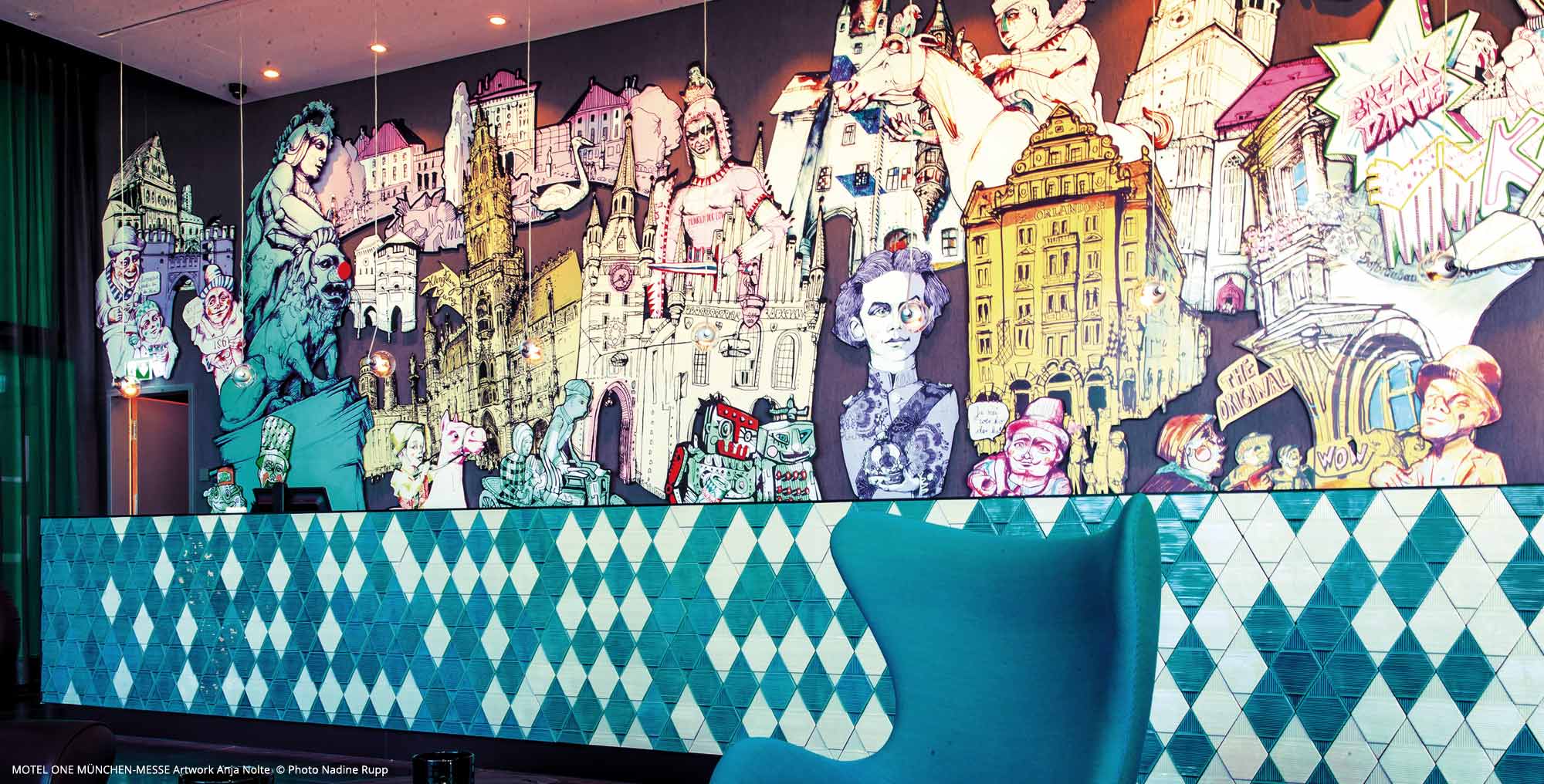 Reception motel one Munich-fair with artworks from Anja Nolte