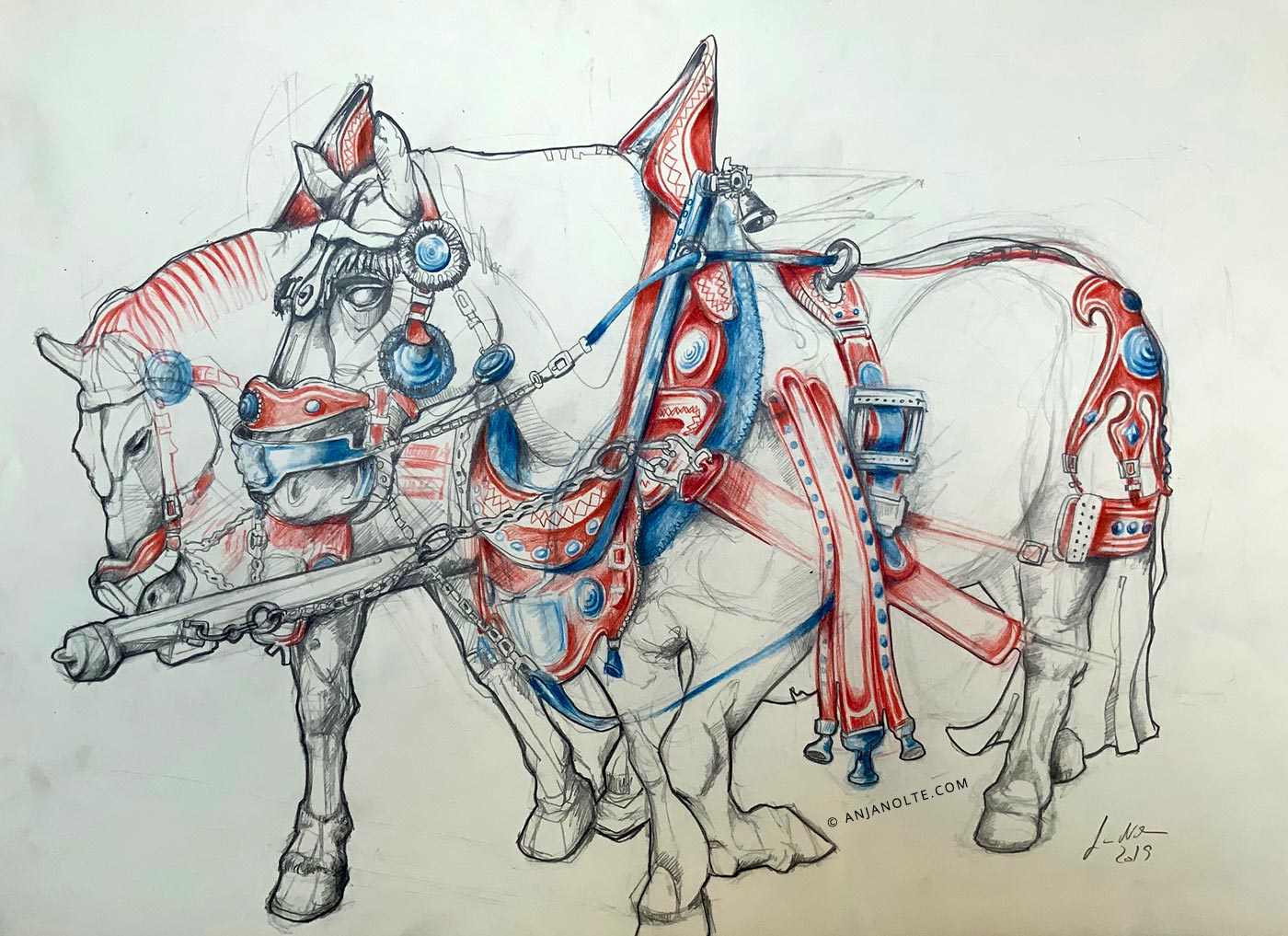 Pencildrawing of a team of horses by Anja Nolte.